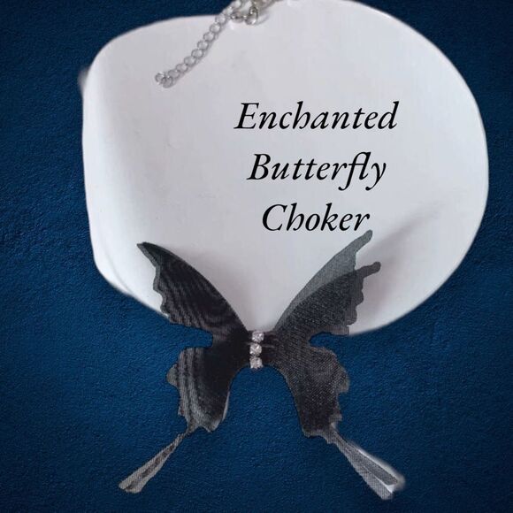 Black Butterfly Wings Glitter Choker Necklace NEW - Picture 3 of 4